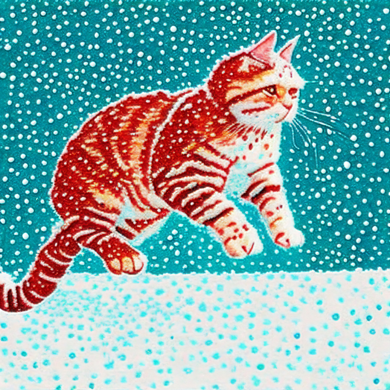 A cat jumping in the snow in an expressionism style